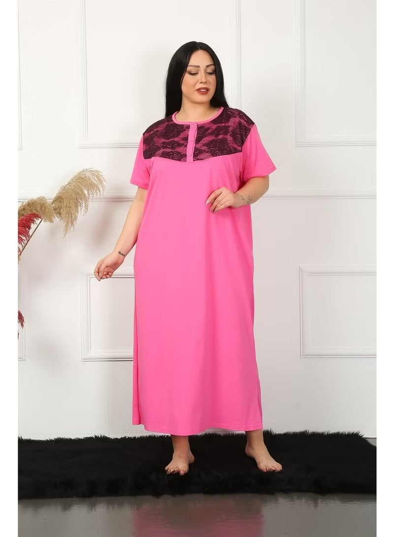 Akbeniz Big Lace Short Sleeve Fuchsia Mother Nightgown 1348 - Image 2